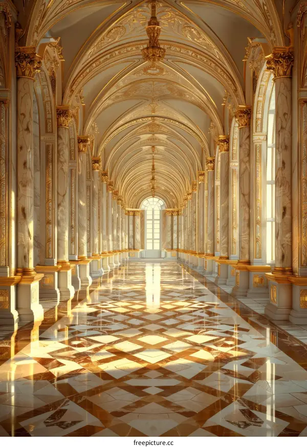 Marble Hallway with Ornate Columns and Symmetry