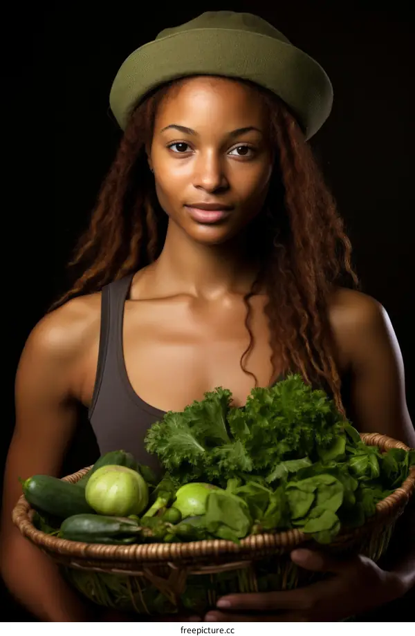 Portrait of a young African-American woman holding a basket of fresh vegetables