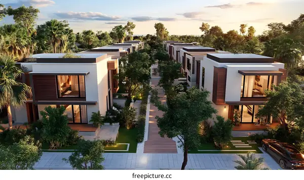 Modern Minimalist Architecture Design Of Row Houses With Lush Green Trees