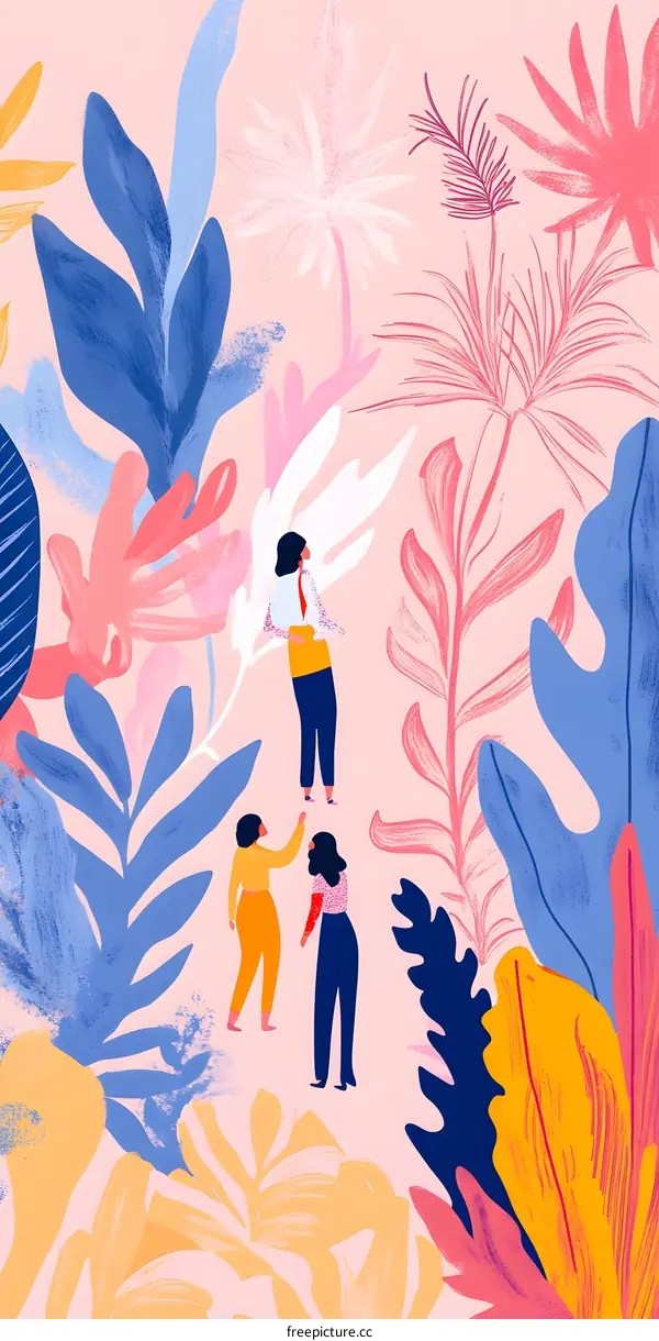 Three Women Standing in a Tropical Garden Illustration