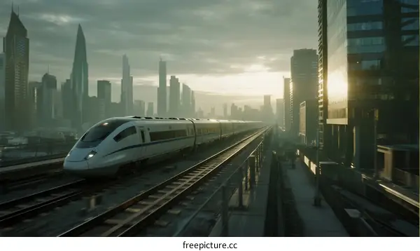 High-speed train traveling through modern cityscape at sunrise