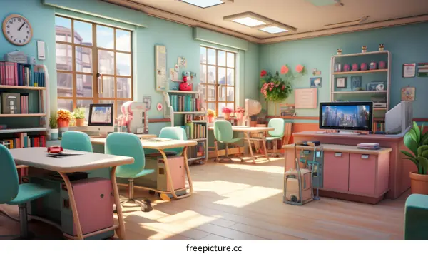 A classroom of computers and supplies with a pink and blue theme