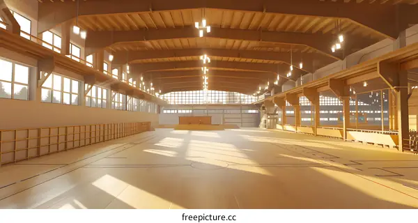 Wooden Interior Of Empty Sport Hall With Big Windows
