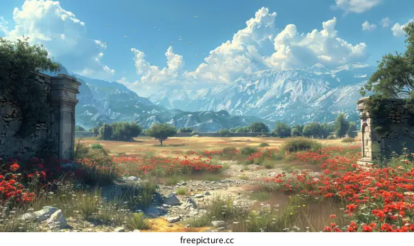 A beautiful landscape with mountains, trees, and flowers