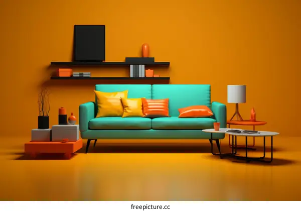 A Teal Couch in a Yellow Room