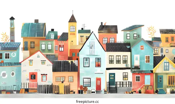 Colorful Illustration of a Small Town with Houses