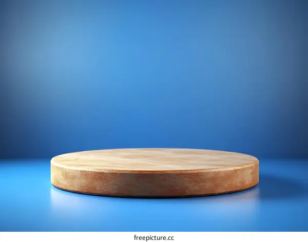 Wooden Round Display Platform Against Blue Background