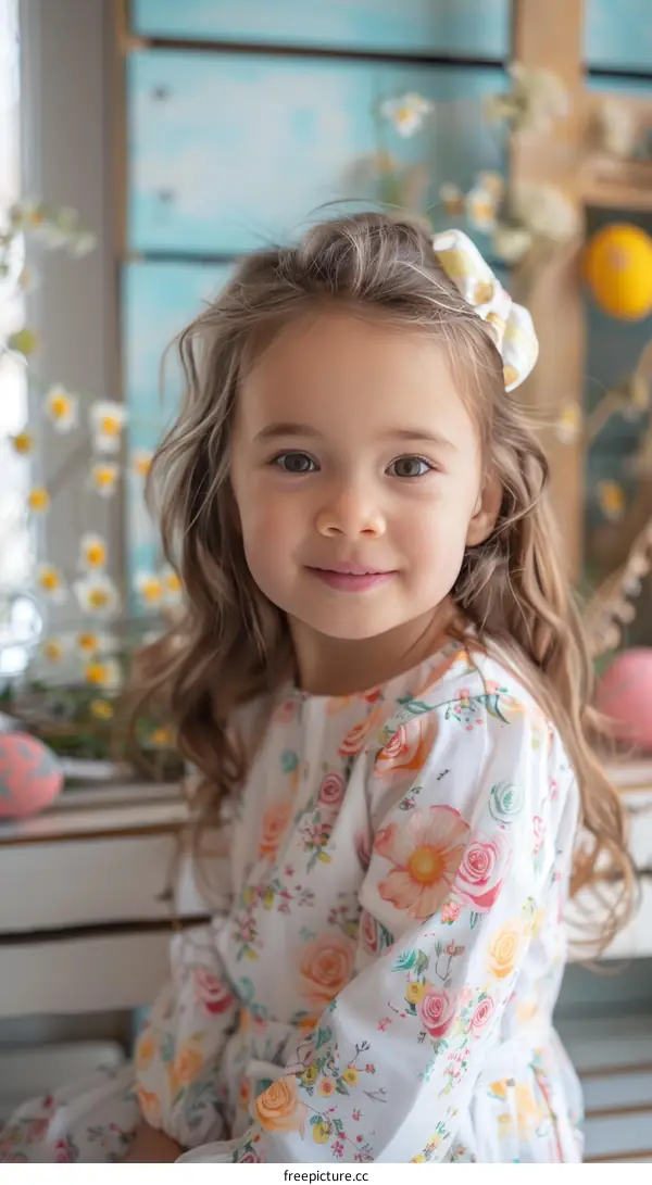 Portrait of a cute little girl in a floral dress smiling
