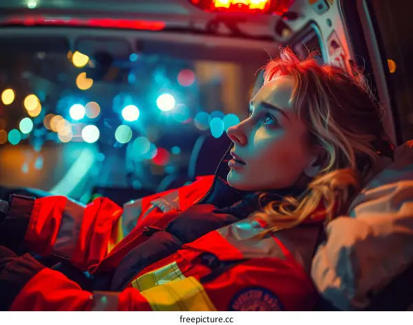 A female paramedic looking out the window of an ambulance at night