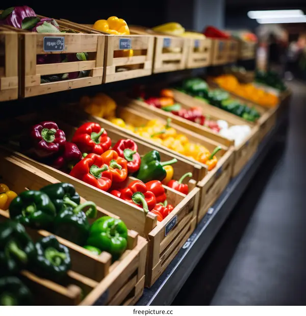 Fresh bell peppers in wooden crates at a grocery store
