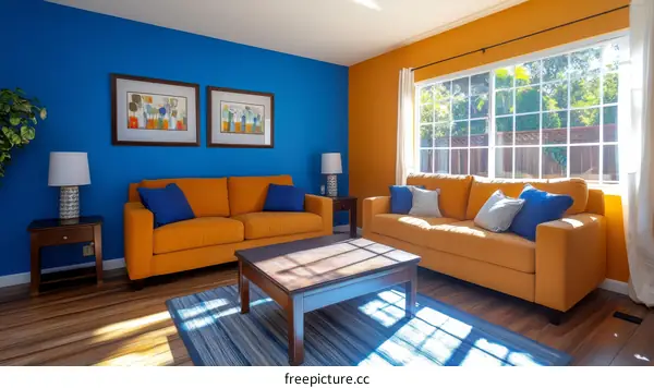 Colorful Living Room with Orange Sofa and Blue Walls