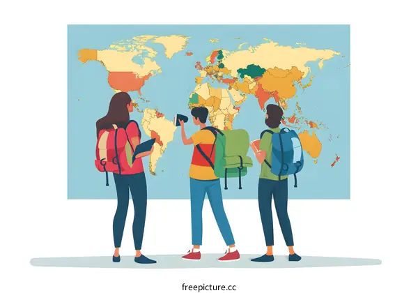 People Looking at the World Map Illustration