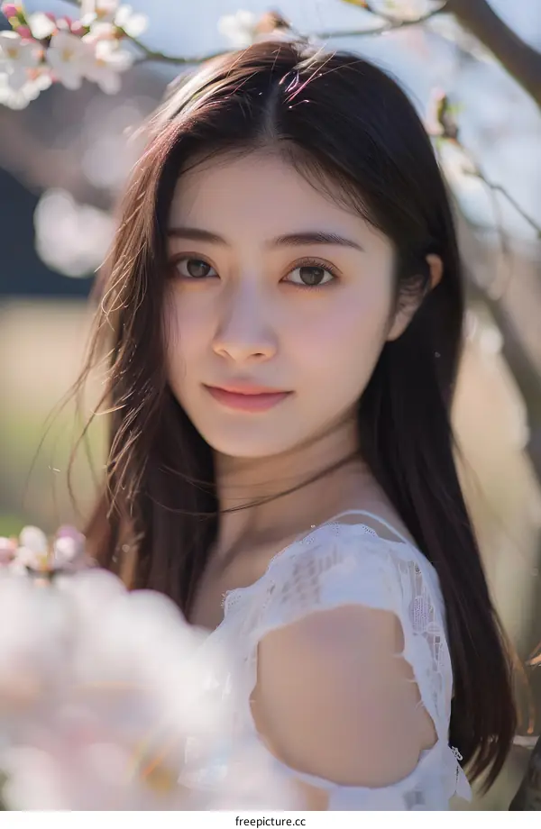 Beautiful Asian Woman in White Dress with Cherry Blossoms
