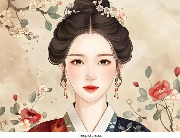 Illustration of a beautiful woman in traditional Korean dress