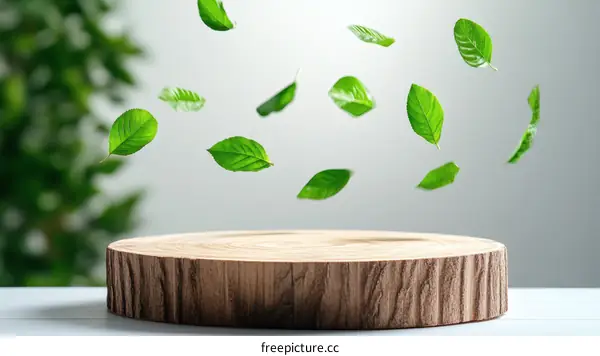 Green Leaves Falling on Wooden Stump Display