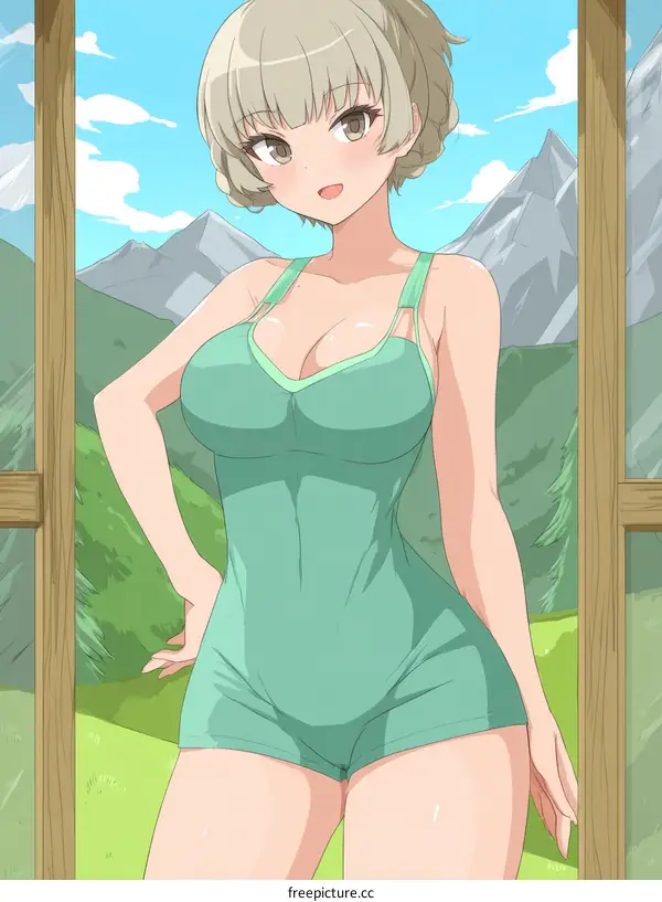Anime Girl in a Green Swimsuit by the Mountains