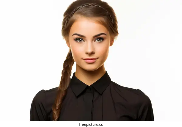 portrait of a young beautiful woman with long brown hair wearing black shirt