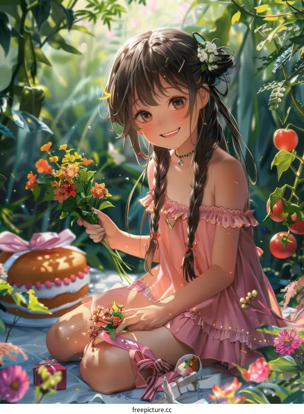 anime girl surrounded by flowers and gifts