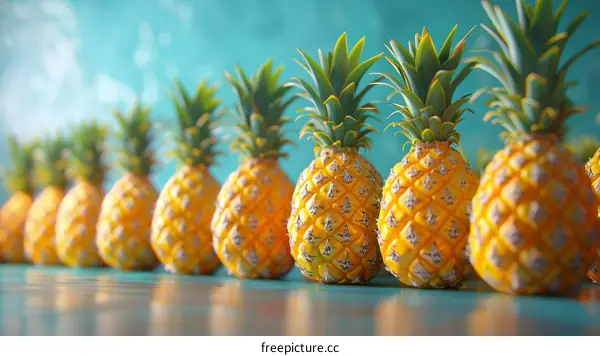 A Row of Fresh Ripe Pineapples on a Blue Background
