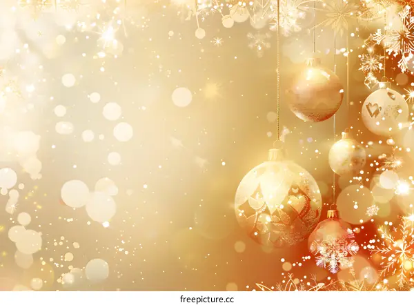 Christmas and New Year Background with Golden Balls and Snowflakes