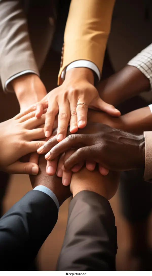 Business people of different ethnicities joining hands together over dark background