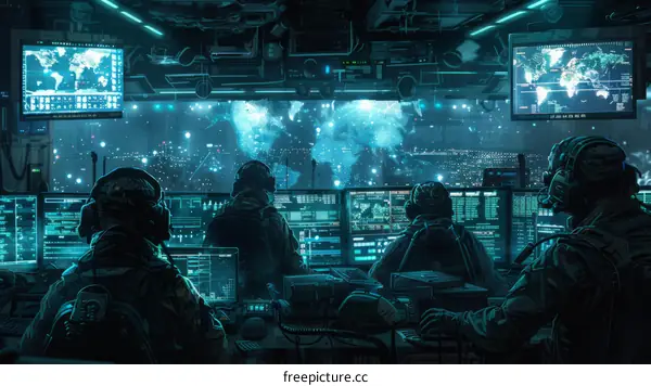 Military personnel monitoring a city from a high-tech control room