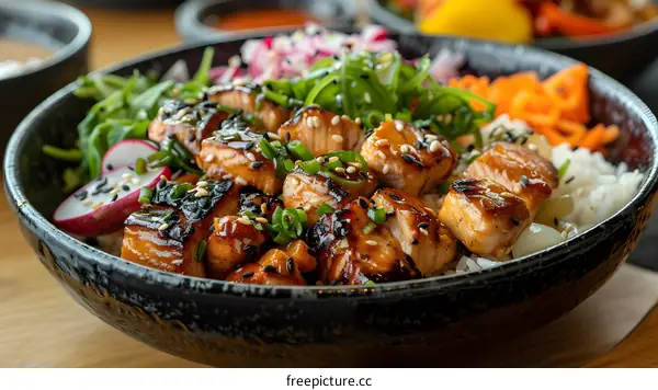 A bowl of delicious Korean food with rice, salmon, and vegetables