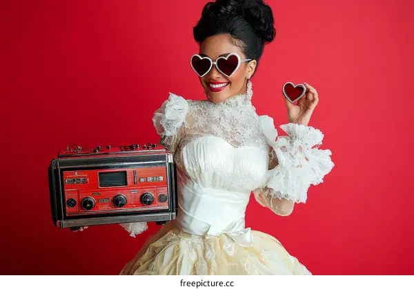 Vintage Fashion Woman Holding Retro Radio