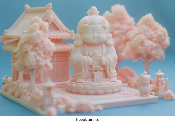 3D Rendering of a Pink Shrine with Happy Monk and Cat Statue