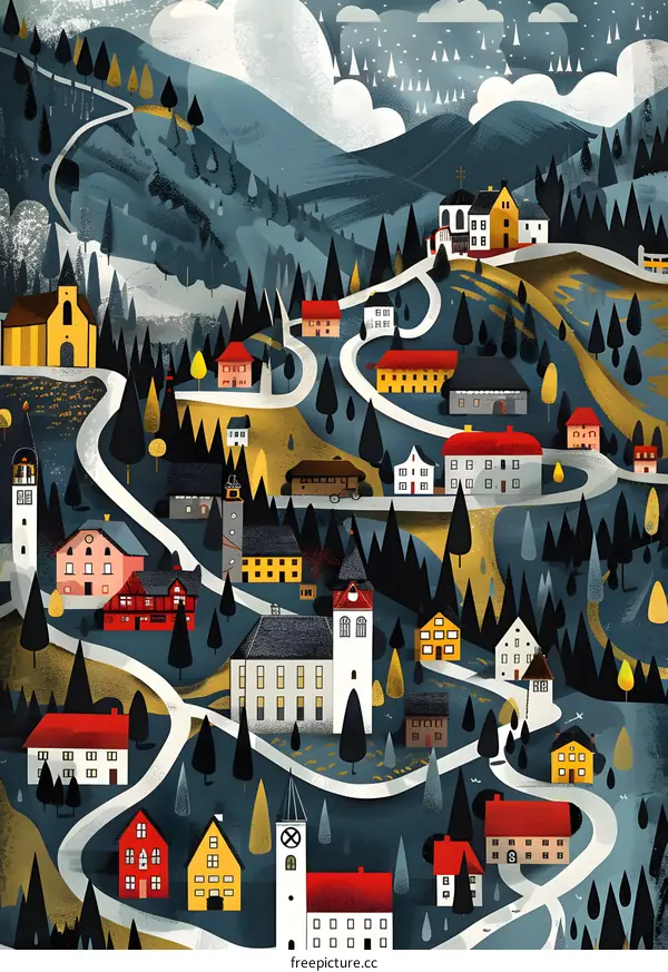 Illustrated Landscape With Winding Road and Houses