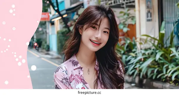 Smiling Asian Woman In Pink Shirt With Braces
