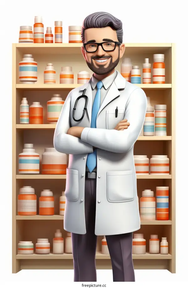 Male pharmacist in a white coat standing in a pharmacy with shelves full of medication