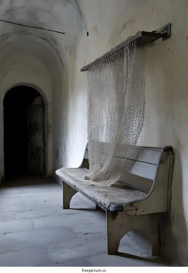 Old Wooden Bench with Netting in a Hallway