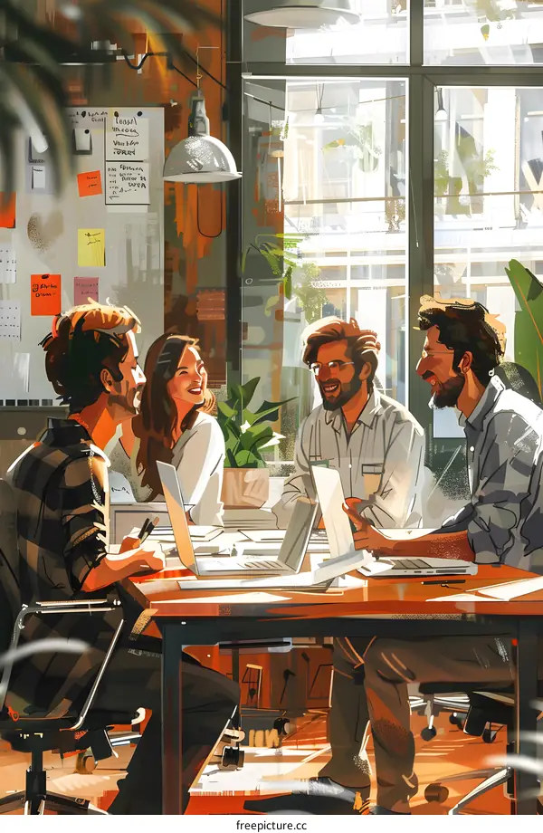 Four people in a meeting discussing ideas