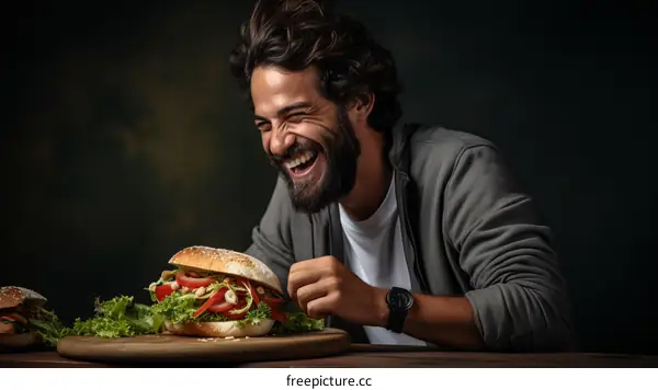 Bearded man laughing with joy over a delicious sandwich