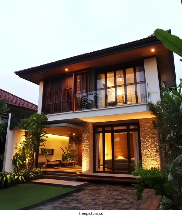 Modern Two Story House with Large Windows and a Balcony