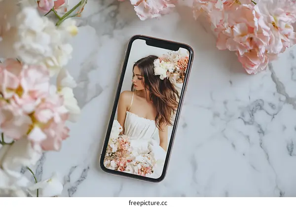 Woman In White Dress On Phone Screen With Flowers