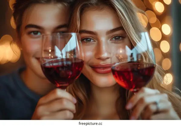 Young couple drinking red wine and smiling at the camera