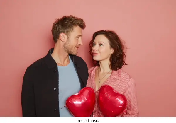 Couple Holding Heart Balloons in a Studio Setting