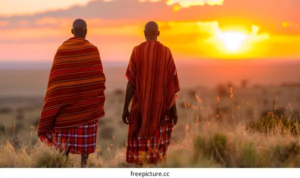 Two African Men in Traditional Clothing Watching Sunset