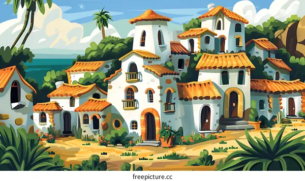 Colorful Illustration of a Mediterranean Village
