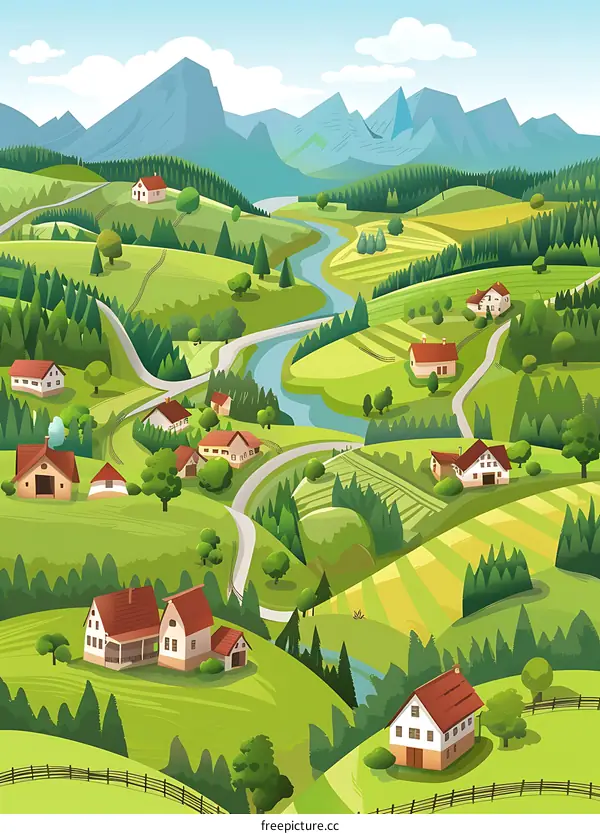 Cartoon Illustration of Mountain Valley Landscape with Houses and Winding Road