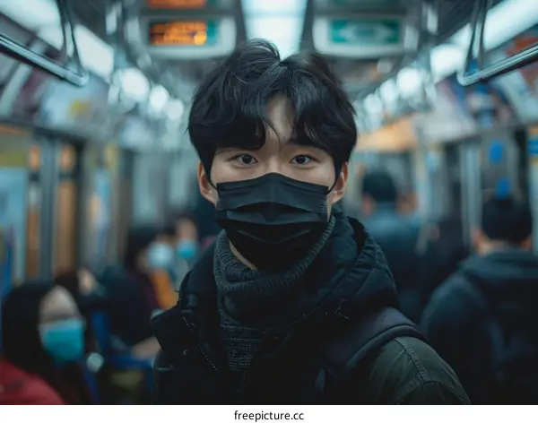 戴口罩的亚洲人在火车上