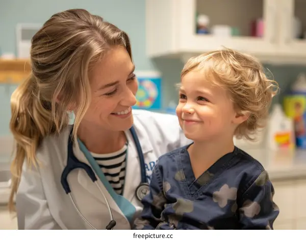 Pediatrician examining a smiling toddler
