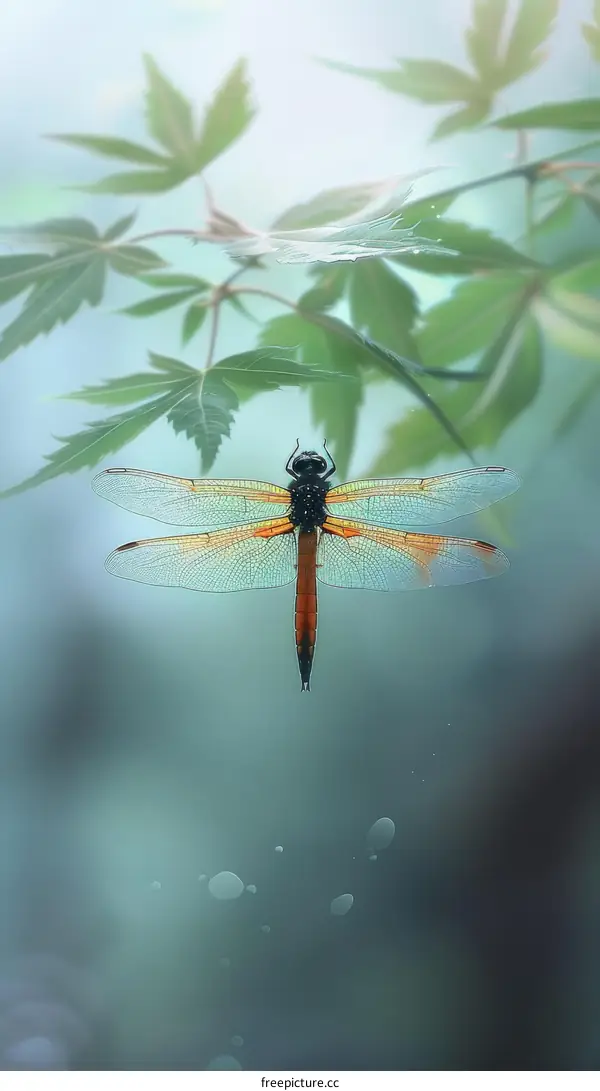 A dragonfly perches on a leaf in a garden