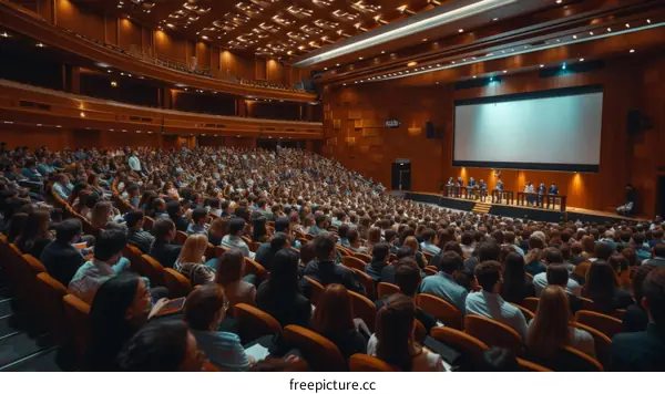 A large group of people are sitting in a theater watching a presentation on stage