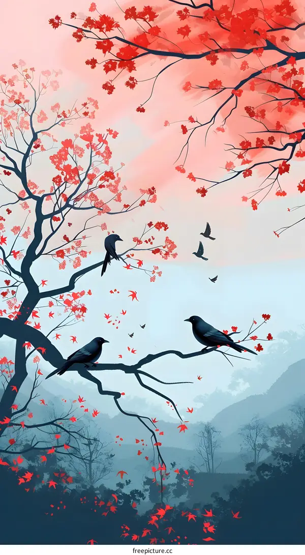 Red Maple Tree with Crows Illustration