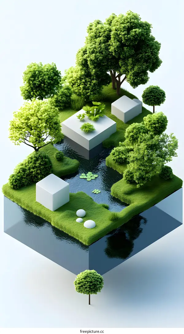 3D Isometric Illustration of a Tiny Green Landscape with a Stream