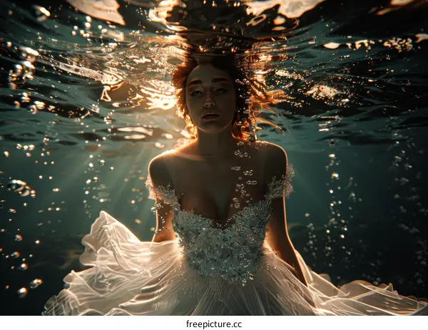 A woman in a white dress is floating underwater with her eyes closed.
