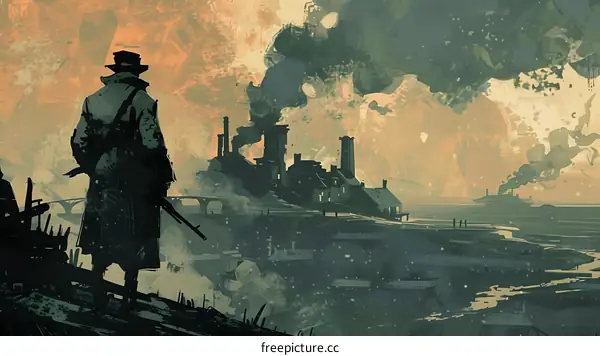 Man in Hat Looking at Industrial Cityscape